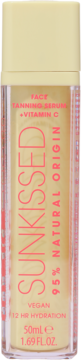Sunkissed Face Tanning Serum + Vitamin C, 50ml, w przezroczystej butelce z żółtą zakrętką, widok z przodu. Produkt wegański.