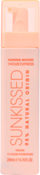 SUNKISSED Tanning Mousse 1 Hour Express, jasnopomarańczowa butelka z pompką, wegańska, 95% naturalny skład, widok z przodu.