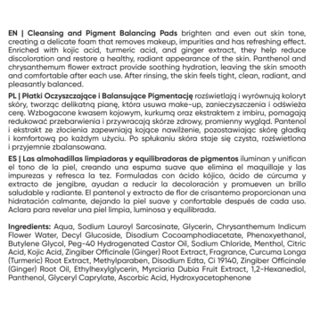Strona z opisem i składem płatków oczyszczających i balansujących pigmentację w kilku językach.