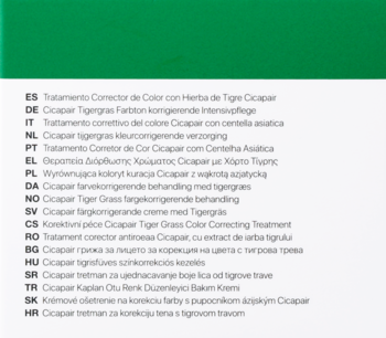 Zielona etykieta Cicapair Tiger Grass z wielojęzycznym opisem produktu, kremu lub kuracji korygującej kolor.