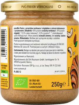 Tył szklanego słoika enerBIO Pasta z orzechów nerkowca i migdałów, żółto-pomarańczowa etykieta, 250g.