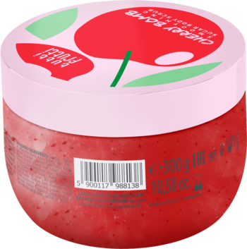 Wygładzający peeling cukrowy Tutti Frutti Cherry Bomb w czerwonym słoiczku z różową pokrywką, widok z góry.