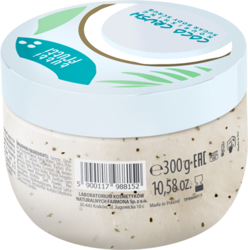 Odżywczy peeling cukrowy Tutti Frutti Coco Crush w kremowym słoiku z niebiesko-zieloną pokrywką, widok z góry i z boku.