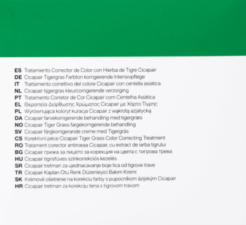 Zdjęcie listy informacji o produkcie Ccaper Color Corrector w wielu językach na białym tle.