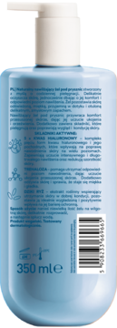 Tył niebieskiej butelki nawilżającego żelu pod prysznic 350ml z kwasem hialuronowym i trehalozą. Widoczne składniki i kod EAN.