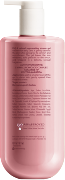 Tył różowego żelu pod prysznic 500ml z pompką. Aktywne składniki: hialuron, ceramidy, CICA.