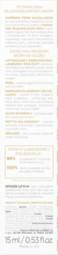 Tył opakowania liftingującego kremu pod oczy z 9 COLLAGEN, polski tekst o składzie i technologii, 15 ml.