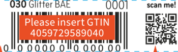 Cyfrowy ekran z prośbą o wstawienie GTIN 4059729589040, napisem "Glitter BAE" i kodem QR.