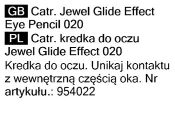Etykieta kredki do oczu Catrice Jewel Glide Effect 020, widok z przodu, z tekstem PL i GB.