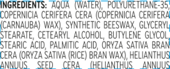 Zbliżenie na listę składników maskary Catrice Stay In Place Panda-Proof Brown, jasny tekst na ciemnym tle.