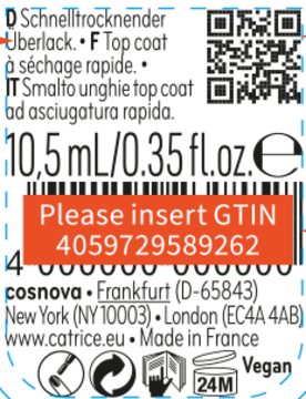 Tył czarnej etykiety szybko schnącego top coatu Catrice Ultra Quick Dry 10.5ml, z czerwoną naklejką GTIN.
