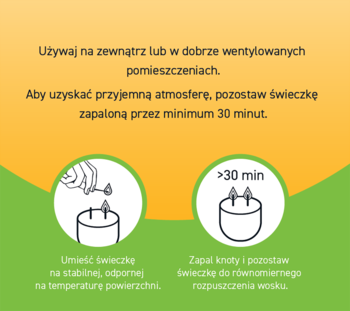 Instrukcje użytkowania świeczki: stabilna powierzchnia, wentylacja, palenie >30 min dla równego wosku.