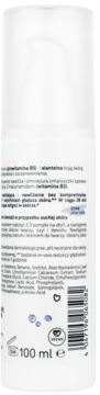 Tył białej butelki nawilżającego kosmetyku do skóry, 100 ml, z polskim tekstem, składem i logo Vegan.