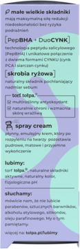 Tył opakowania Tołpa spray cream, matującego dermokosmetyku z PepBHA + DuoCYNK. Fioletowo-zielone tło, opis składu.