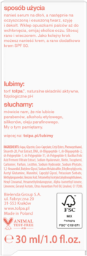 Tył opakowania serum Tołpa 30 ml z instrukcją użycia, składem, logo Animal Test-Free i FSC.