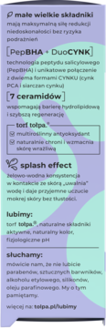 Etykieta dermokosmetyku Tolpa z PepBHA, DuoCYNK, 7 ceramidów. Tekst na fioletowo-zielonym tle o składzie i działaniu.