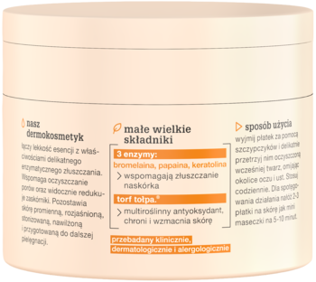 Tył białego słoika enzymatycznego dermokosmetyku Tołpa z pomarańczowymi polami, widoczne składniki i opis użycia.