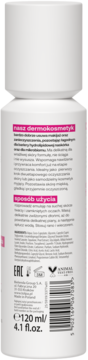 Tył białej butelki dermokosmetycznej emulsji oczyszczającej, różowe etykiety, opis produktu, skład i barcode, 120 ml.