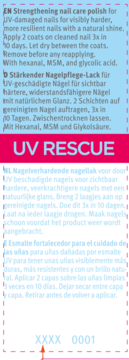 Etykieta kuracji do paznokci UV Rescue. Opis produktu w 4 językach na różowo-niebieskim opakowaniu.