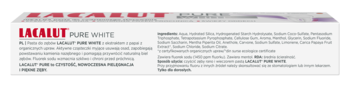Białe opakowanie pasty do zębów Lacalut Pure White z czerwonym logo, widoczne pod lekkim kątem, z napisem 98% naturalnych składników.