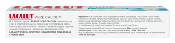 Białe opakowanie pasty do zębów Lacalut Pure Calcium, 98% naturalnych składników, czerwone logo, widok pod kątem.