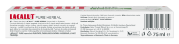 Tył białego opakowania Lacalut Pure Herbal pasty do zębów 75ml, z informacją o 98% naturalnych składników.