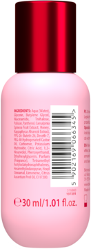 Tył różowej butelki kosmetyku 30ml z czerwoną nakrętką, widoczna lista składników i kod kreskowy.