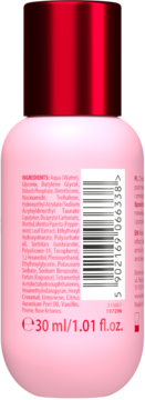 Różowa butelka kosmetyku z czerwoną nakrętką, widok z tyłu ze składnikami, kodem kreskowym i objętością 30ml.