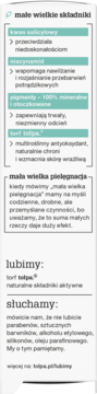 Panel dermokosmetyku Tolpa z listą aktywnych składników: kwas salicylowy, niacynamid, mineralne pigmenty, torf.