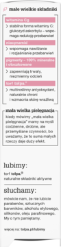 Tylna etykieta matującego podkładu Tołpa: wit. C, niacynamid, torf, pigmenty mineralne. Jasne tło, różowe akcenty.