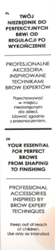 Tekst z opakowania akcesoriów do brwi w języku polskim i angielskim, z instrukcjami i ostrzeżeniami.