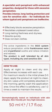 Etykieta antyperspirantu 50ml do skóry wrażliwej. Zawiera SICO, frankincense i d-panthenol, na białym tle.