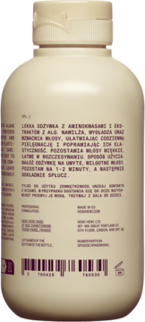 Tył butelki lekkiej odżywki z aminokwasami i algami w beżowym opakowaniu, z polskim opisem i kodem kreskowym.