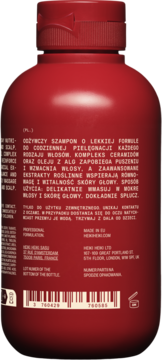 Czerwona butelka szamponu odżywczego, widok z tyłu z polskim opisem składników i kodem kreskowym.
