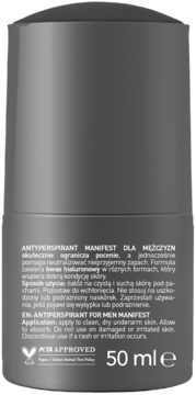Ciemnoszary antyperspirant roll-on Manifest dla mężczyzn, tył opakowania z polskim i angielskim tekstem, 50ml.