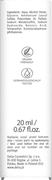Tył opakowania kosmetyku Delia 20 ml, z listą składników, ikonami Vegan Friendly i Dermatologicznie Testowany.
