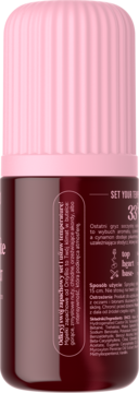 Ciemnoczerwony lakier do paznokci z różową, prążkowaną nakrętką, widok z boku z widoczną etykietą.