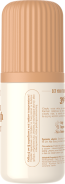 Tył beżowo-kremowej butelki balsamu do ciała z żeberkowaną nakrętką, widoczny napis "SET YOUR TEMP" i składniki.