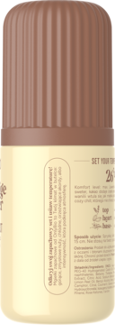 Tył beżowego dezodorantu roll-on z brązową, prążkowaną zakrętką, widoczne etykiety w języku polskim.