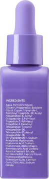 Tył fioletowej butelki serum liftingującego Coda Lab z kroplomierzem, widoczne INGREDIENTS.