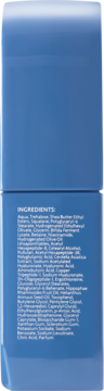 Tył niebieskiego opakowania Coda Lab Hydra Plump Serum z białym napisem „INGREDIENTS:” i listą składników.