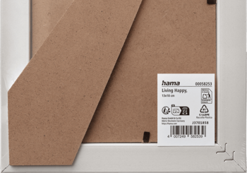 Tył białej ramki na zdjęcia Hama Living Happy z brązową podpórką i białą etykietą produktową.