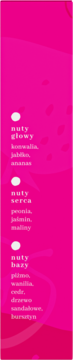 Na różowym tle biały tekst z nutami zapachowymi Very Berry Good: głowy, serca i bazy produktu.