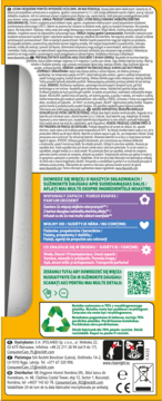 Tył żółtego opakowania płynu do płukania, etykieta ze składnikami, kodem QR, symbolami recyklingu i dystrybucji.