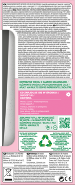 Tył różowego opakowania kosmetyku z instrukcjami, kodem QR, listą zawartości produktu i symbolami recyklingu.