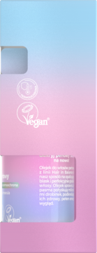 Opakowanie olejku do włosów z serii Hair in Salon, pastelowy gradient, z logo Vegan i cruelty-free.