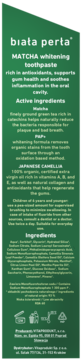 Tył opakowania wybielającej pasty do zębów biata perta MATCHA na zielonym tle, widoczny szczegółowy skład i opis produktu.