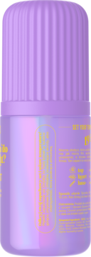 Fioletowa butelka kosmetyku z żebrowaną zakrętką, widok z tyłu. Holograficzne wykończenie z żółtym tekstem.