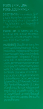 Tył opakowania PDRN Spirulina Poreless Primer, zielone tło z jasnym tekstem: Directions, Ingredients.