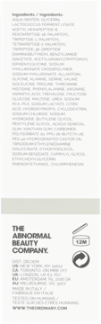 Tył opakowania The Ordinary z listą składników (peptydy, kwas hialuronowy) i danymi firmy The Abnormal Beauty Company.